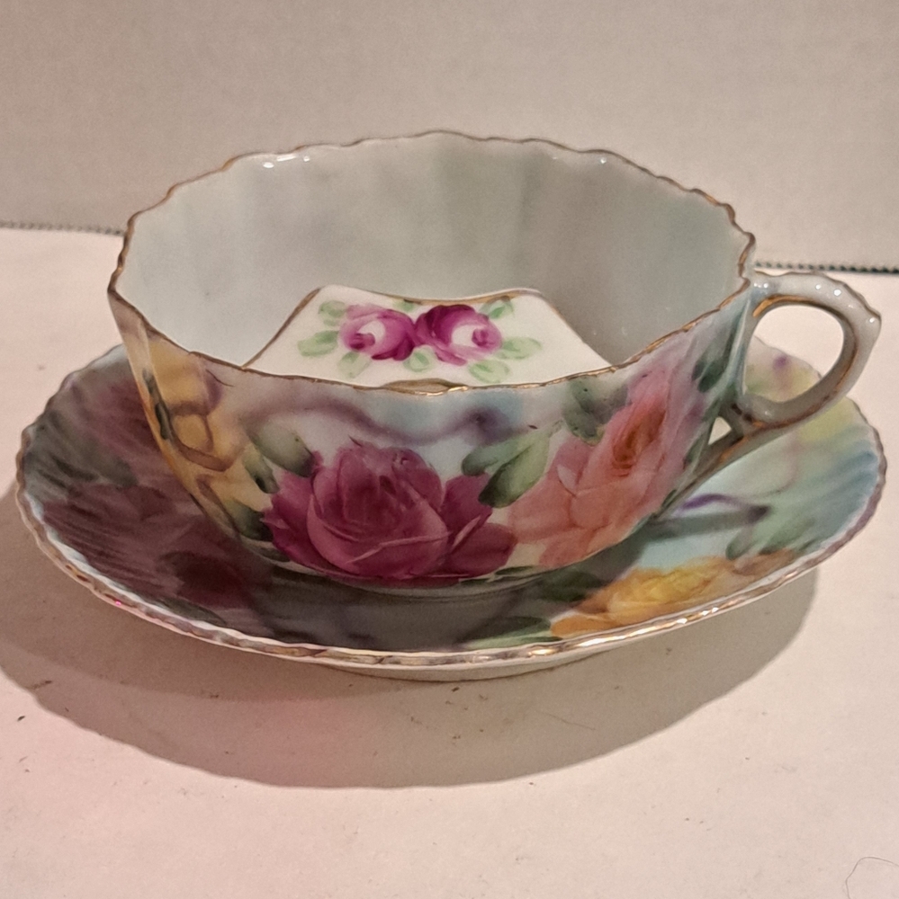 Vintage Mustache Cup & Saucer Shabby Pink Red and Yellow Roses Gold Accent.